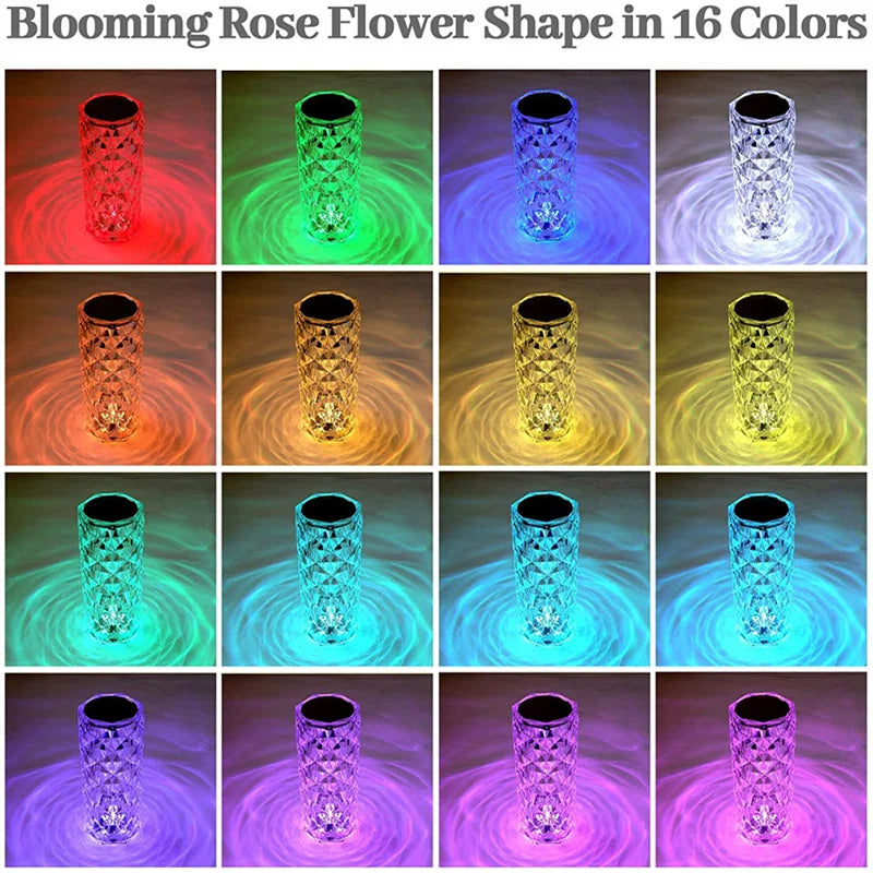 Crystal Table Lamp 16 Colors Touch/Remote Dimmable Night Light USB LED Bedside Diamond Rose Lamp